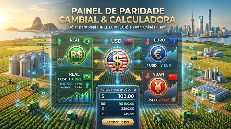 Painel e calculadora de paridade cambial dolar,euro,cny, reais